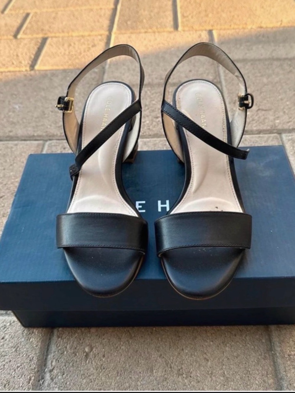 Cole Haan Black Leather Slingback Sandals with Ankle Strap